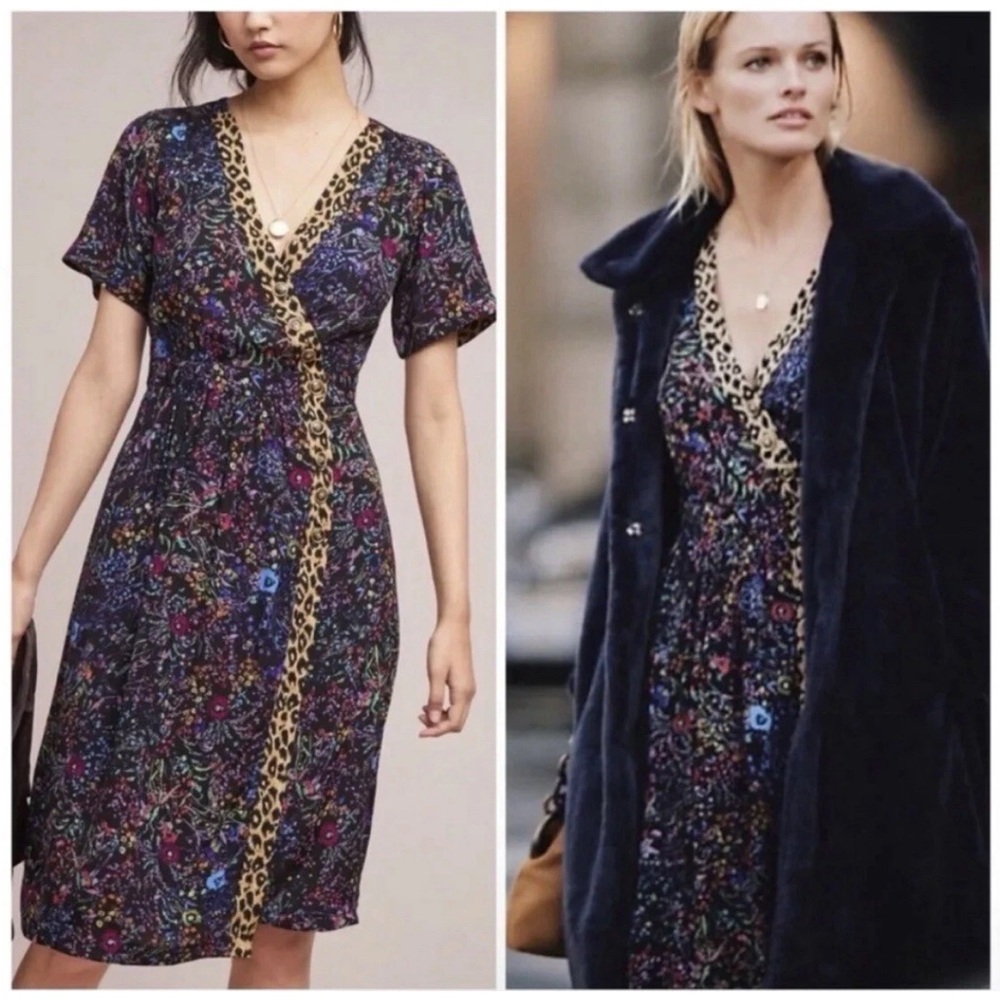 Maeve Anthropologie Morgan Black Floral Animal Print Faux Wrap Dress 6 Leopard